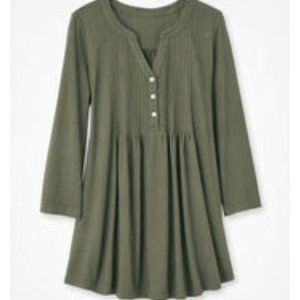 Pintucked Knit Henley A-line Tunic - Dark Olive